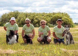 The Agility Squad:  Carol & Jett, Patsy & Zoe, Birte & Nike, Brigitte & Solo.  Photo by Joan Morgan